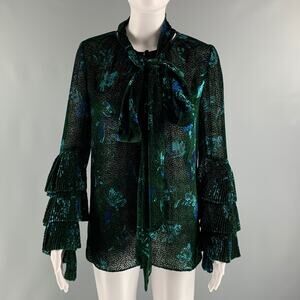 PRABAL GURUNG Size 0 Green Black Viscose Silk Abstract floral V-Neck Dress Top